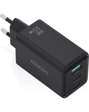 AISENS CARGADOR GAN 65W 2XUSB-C PD3 0 QC4 0 1XUSB-A QC3 0 BLACK