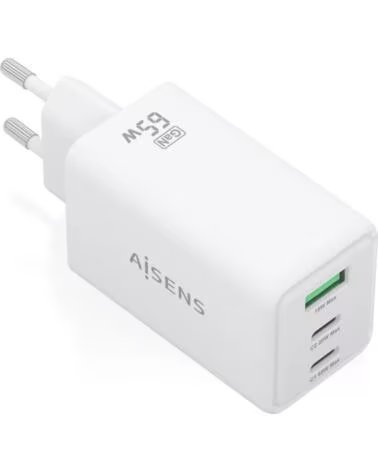 AISENS CARGADOR GAN 65W 2XUSB-C PD3 0 QC4 0 1XUSB-A QC3 0 WHITE
