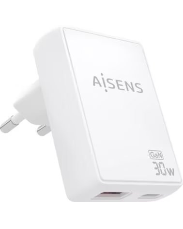 AISENS CARGADOR GAN PARED 30W USB-C PD3 0 QC4 0 USB-A QC3 0 WHITE