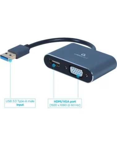 GEMBIRD ADAPTADOR DE PANTALLA USB A HDMI - VGA - ESPACIAL GREY