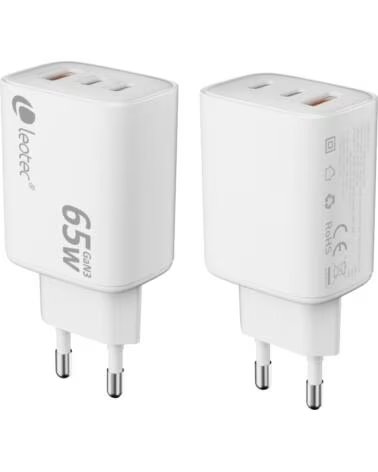LEOTEC CARGADOR 65W GAN ULTRA SLIM 2 USB C PD1 USB A APPLE WHITE