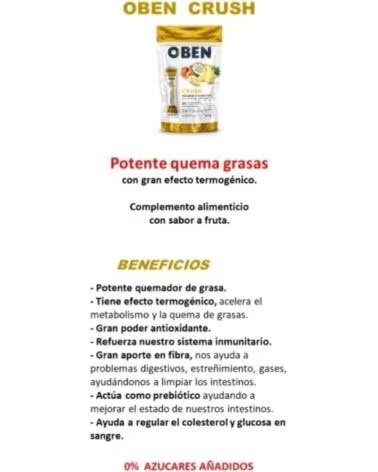 OBEN CRUSH TROPICAL POTENTE QUEMA GRASAS DELICIOSO SABOR A FRUTA 30 SOBRES INDIVIDUALES SIN AZUCAR AnADIDO