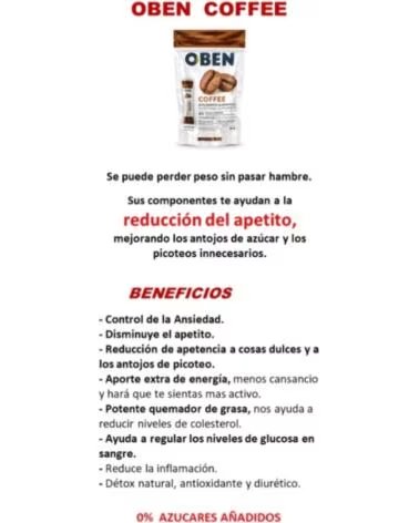 OBEN CAFE CAFE QUEMA GRASAS 30 SOBRES INDIVIDUALES SIN AZUCAR AnADIDO