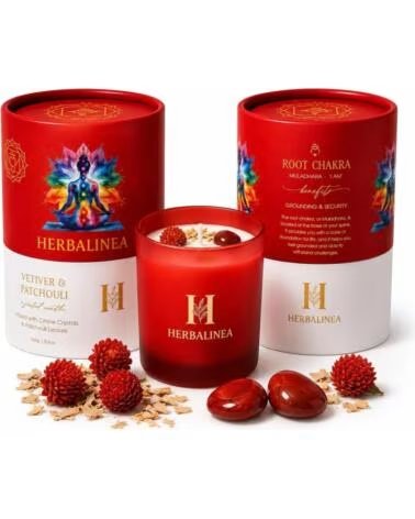 HERBALINEA CANDELA AROMATICA IN CERA DI SOIA 100% CON PIETRE NATURALI E FIORI SECCHI COLLEZIONE CHAKRA 160G
