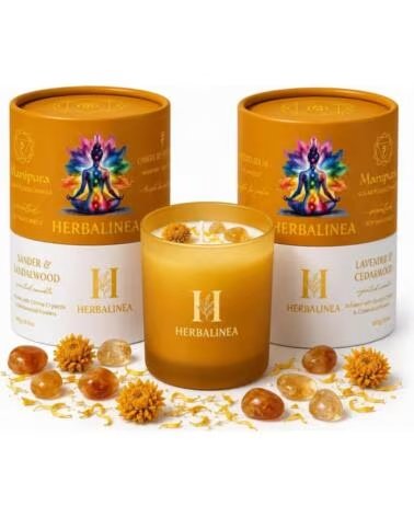 HERBALINEA DUFTKERZE AUS SOJAWACHS CHAKRA MIT EDELSTEINEN UND GETROCKNETEN BLUMEN