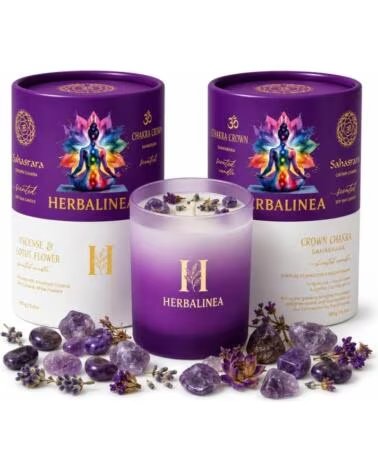 CANDELA AROMATICA HERBALINEA CERA DI SOIA CHAKRA DELLA CORONA CON PIETRE NATURALI E FIORI SECCHI