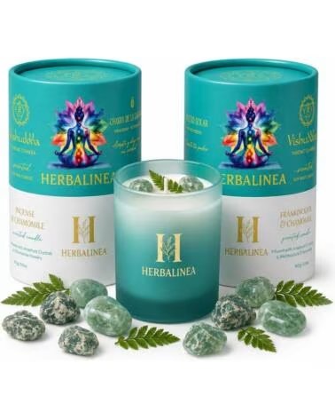 HERBALINEA DUFTKERZE AUS SOJAWACHS KEHLKOPF-CHAKRA MIT NATURSTEINEN UND GETROCKNETEN BLUMEN