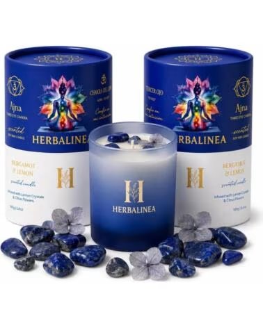 VELA AROMÁTICA HERBALINEA CERA DE SOJA CHAKRAS TERCER OJO PERFUMADA PIEDRAS NATURALES