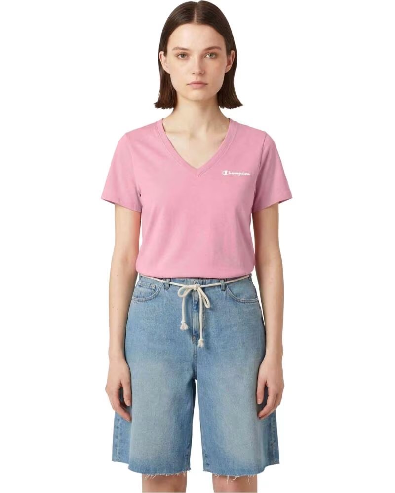 CHAMPION T-SHIRT SS COLLO A V ICONS FUCSIA 118409-BS223 DONNA CASUAL ROSA